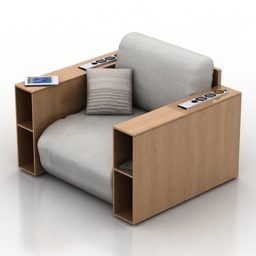 3d модель сучасного дерев'яного крісла із сірої тканини