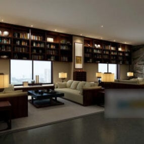 Ruang Tamu Rumah Dengan Kabinet Rak Buku model 3d