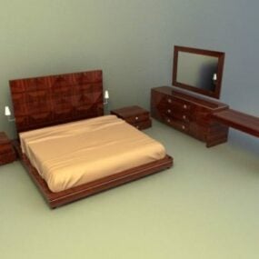 Ameublement de lit en bois avec coiffeuse modèle 3D