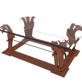 Szklany stolik kawowy Drewniane rzeźbione nogi Model 3D