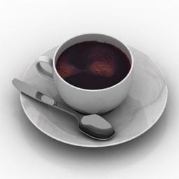 مدل سه بعدی فنجان قهوه با قاشق و بشقاب