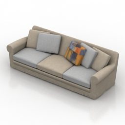 Sofá gris de tres plazas con almohadas modelo 3d