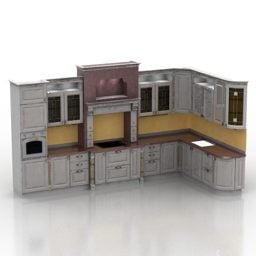 Lemari Dapur Modern, Wastafel, Dengan Kulkas Berdampingan model 3d
