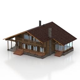 Model 3d Bumbung Coklat Rumah Batu Kayu
