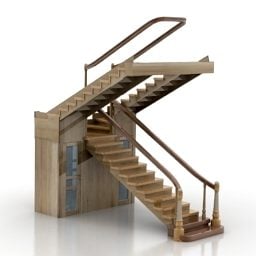 Inomhus trätrappa med trä ledstång 3d-modell