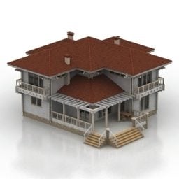 3д модель двухэтажного дома с деревянной крышей