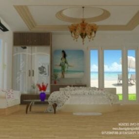 חדר שינה דגם תלת מימד פנימי עם נוף לחוף