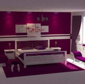 3д модель дизайна интерьера спальни в фиолетовых тонах