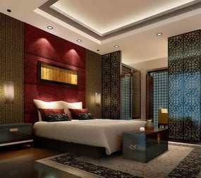 Modelo 3D do interior do quarto de luxo em estilo asiático
