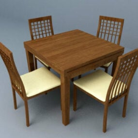 סט אוכל שולחן מרובע מעץ דגם תלת מימד