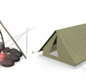 3д модель костра с палаткой