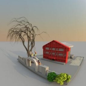 Casa de campo com cena de árvore Modelo 3D