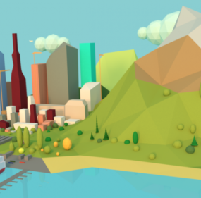 Lowpoly 3д модель сцены маленького города