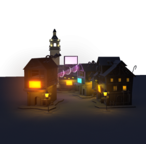3д модель ночной сцены маленького городка