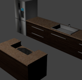 3д модель кухни с принадлежностями и холодильником