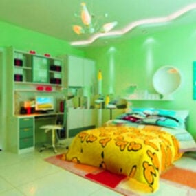 Interior de dormitorio infantil con pared verde modelo 3d