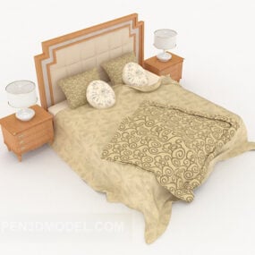 Simple Yellow Wood Double Bed Antique 3d model