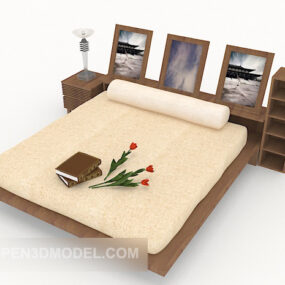 Wooden Double Bed With Picture Decor 3d model