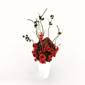زهرة حمراء اللون بيضاء بوعاء نموذج ثلاثي الأبعاد