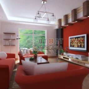 छोटा लिविंग रूम लाल दीवार सजावट 3डी मॉडल