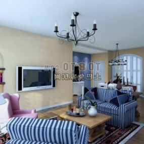 Living Room White Ceiling Wood Wall 3d model