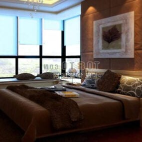 Dormitorio moderno con grandes ventanales modelo 3d.