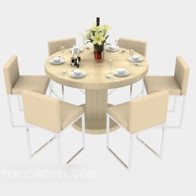 שולחן עגול מעץ מלא עם כלי שולחן דגם תלת מימד