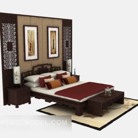 Chinese Double Bed With Back Wall Decoration 3d model