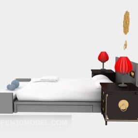 Chinese Style Wooden Bed with Lamp 3d model