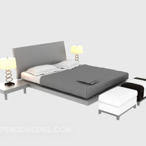 Modern Wood Bed With Lamp Nightstand 3d model