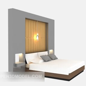 Wood Bed With Back Wall Decor 3d model