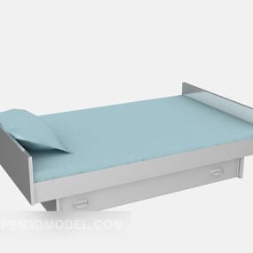 Wood Single Bed Blue Blanket 3d model
