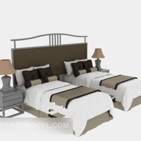 टेबल लैंप 3डी मॉडल के साथ होटल ट्विन सिंगल बेड