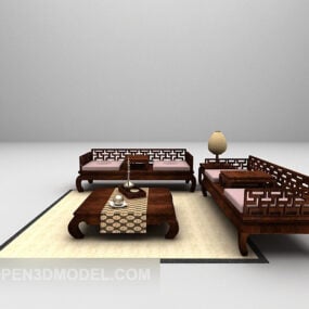 ספת עץ בסגנון סיני עם שטיח דגם תלת מימד