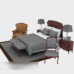 European Style Bed With Chair Full Set 3d model