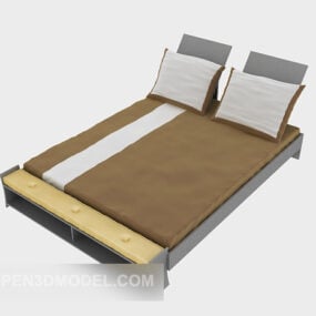 Cama de madeira com duas almofadas modelo 3d
