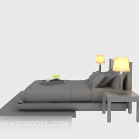 تخت خواب مدرن چوبی با فرش خاکستری رنگ مدل سه بعدی