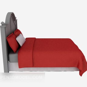 Çift Kişilik Ahşap Yatak Kırmızı Battaniye 3D model