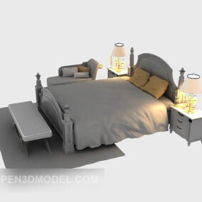 European Double Bed With Carpet Grey Fabric 3d model