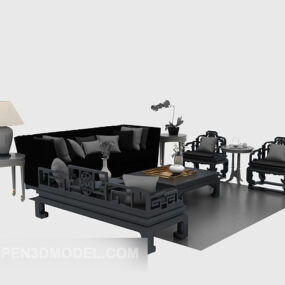 Chinese Wooden Sofa Dark Grey 3d model