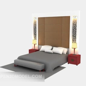 تخت دو نفره با دیوار پشتی و چراغ مدل سه بعدی