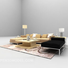 Modern Wooden Sofa With Brown Carpet 3d model