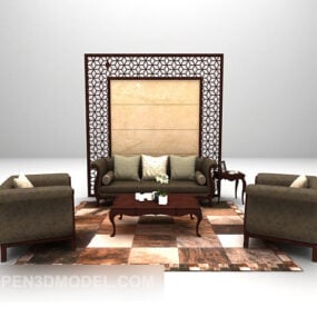 Chinese Traditional Wood Style Combination Sofa 3d model
