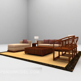 3д модель китайского комбинированного деревянного диванного ковра
