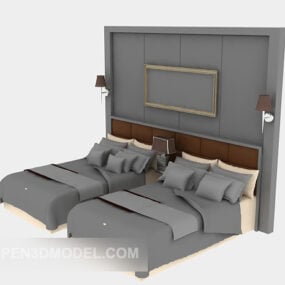 Habitación de hotel con cama individual y dos camas modelo 3d
