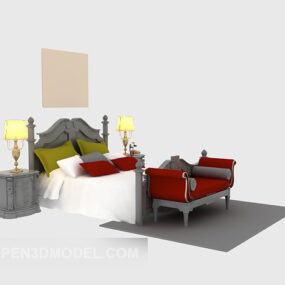 Houten bed in Europese stijl met schilderlamp 3D-model