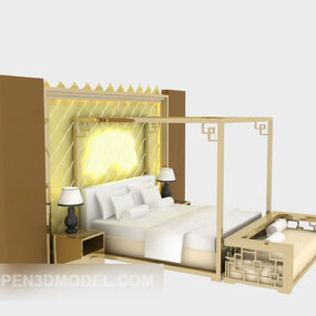 Moderní dřevěná postel s plakátem se zadní stěnou 3D model