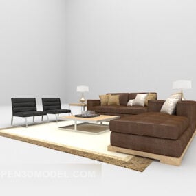 Brown Leather Sofa With Vintage Carpet 3d model