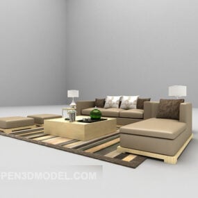 3д модель современного кожаного дивана коричневого цвета с ковром