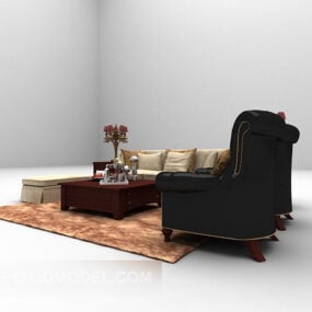 European Family Black Sofa Wood Table 3d model